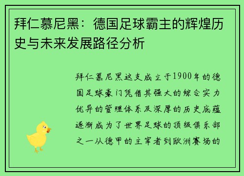 拜仁慕尼黑：德国足球霸主的辉煌历史与未来发展路径分析