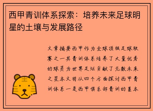 西甲青训体系探索：培养未来足球明星的土壤与发展路径