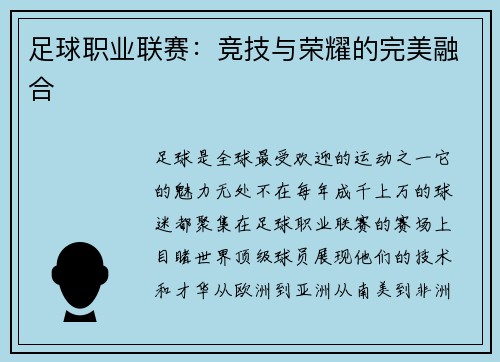 足球职业联赛：竞技与荣耀的完美融合