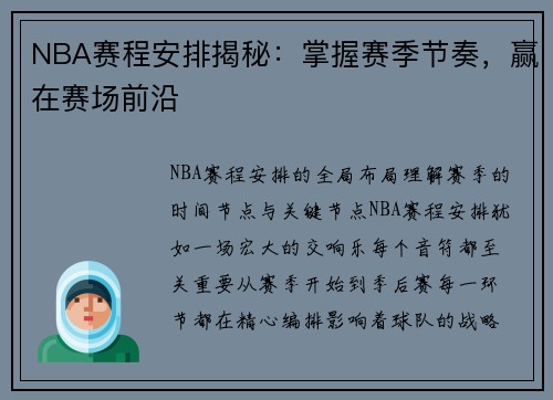 NBA赛程安排揭秘：掌握赛季节奏，赢在赛场前沿
